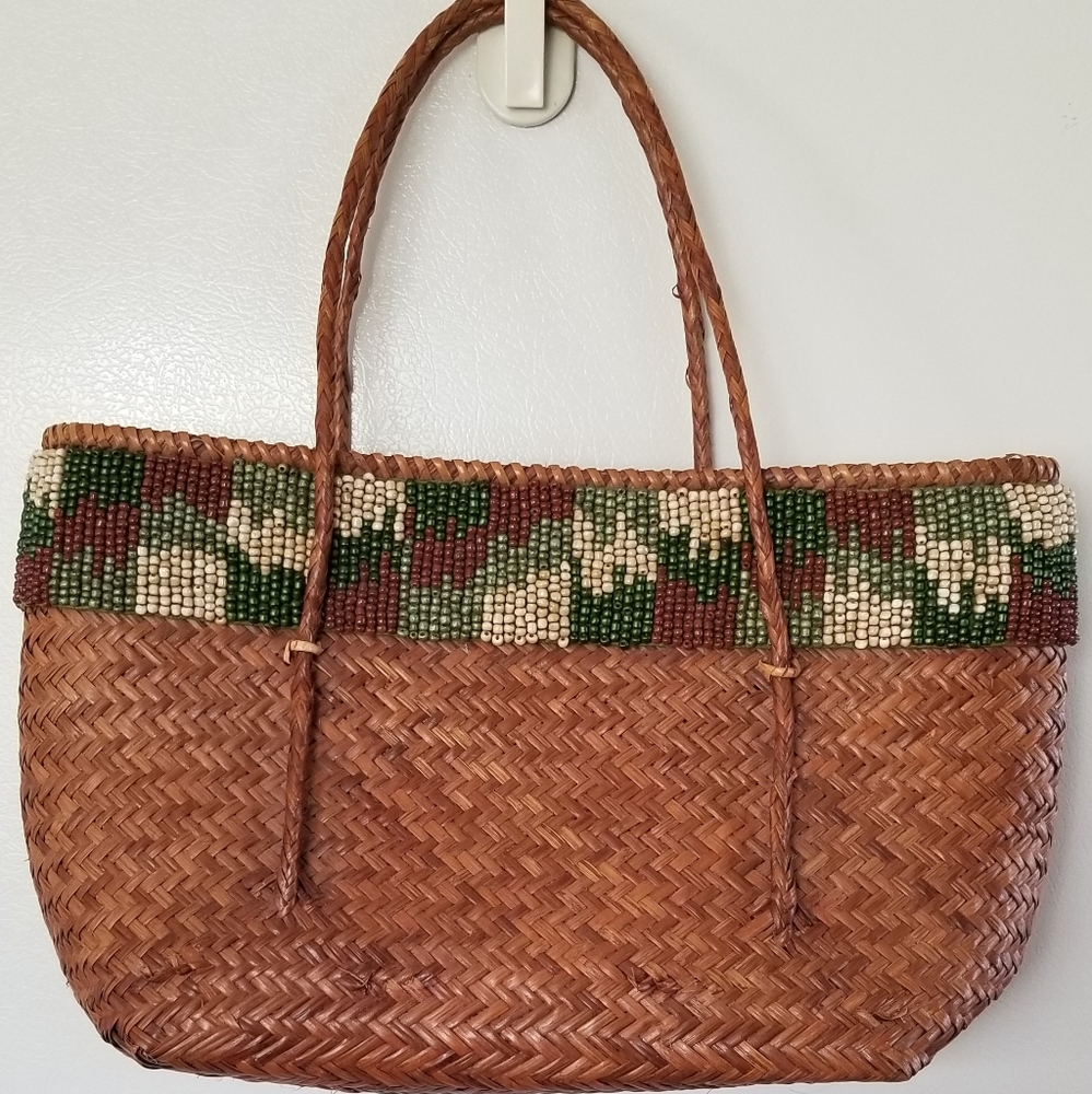 Beaded Brown Straw Handbag